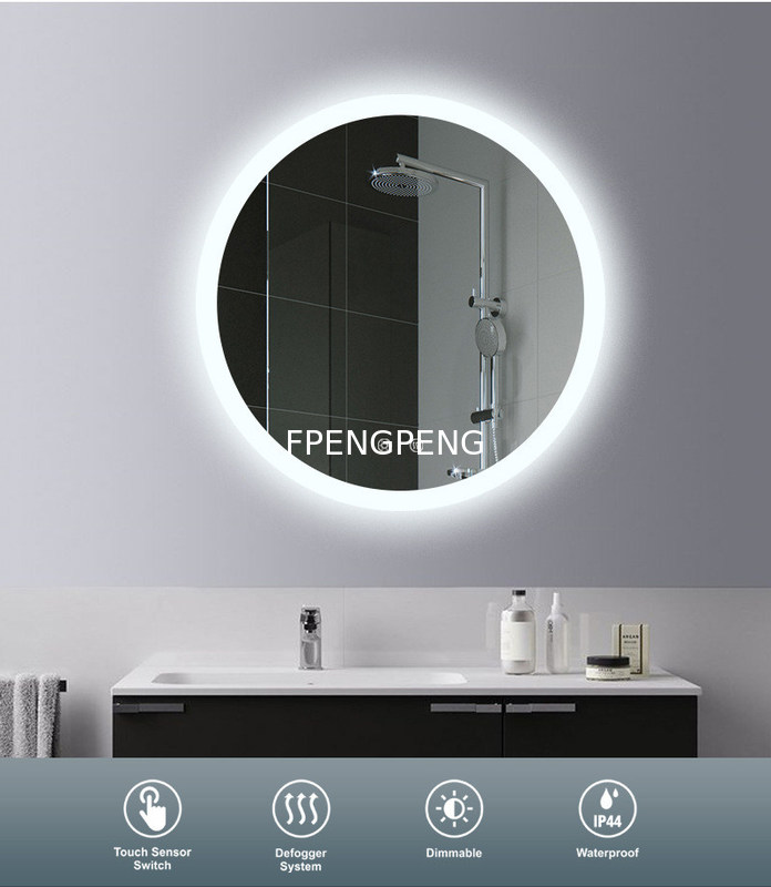 Espejo de baño inteligente de tres colores LED con espejo de cristal de marco de aluminio desnevadizo y oscurecible